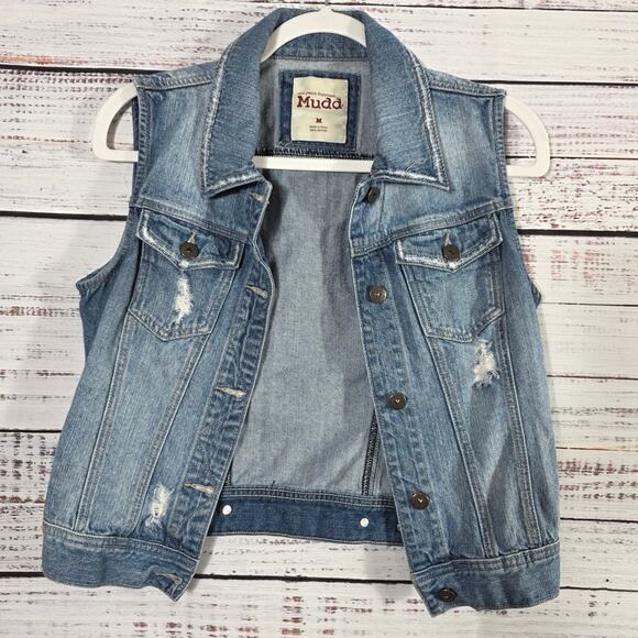 Mudd Women's Denim Vest Medium Distressed Blue Jean Sleeveless Jacket - Picture 1 of 4
